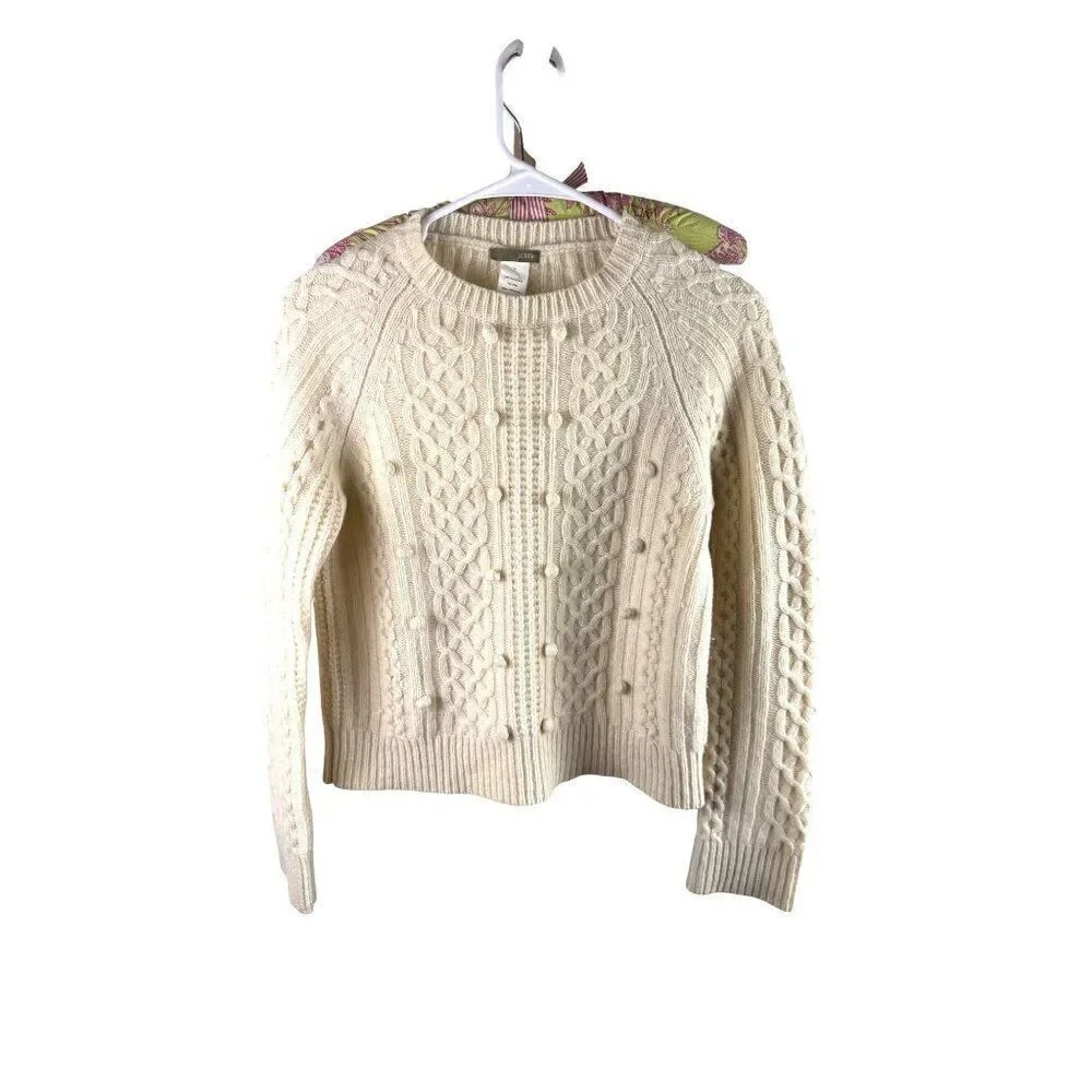 J.Crew Womens Cable-Knit Lambswool Pom-Pom Sweater Ivory Size S Cozy EUC